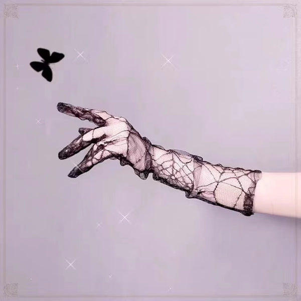 Goth Style Spider Web Black Lace See Through Gloves