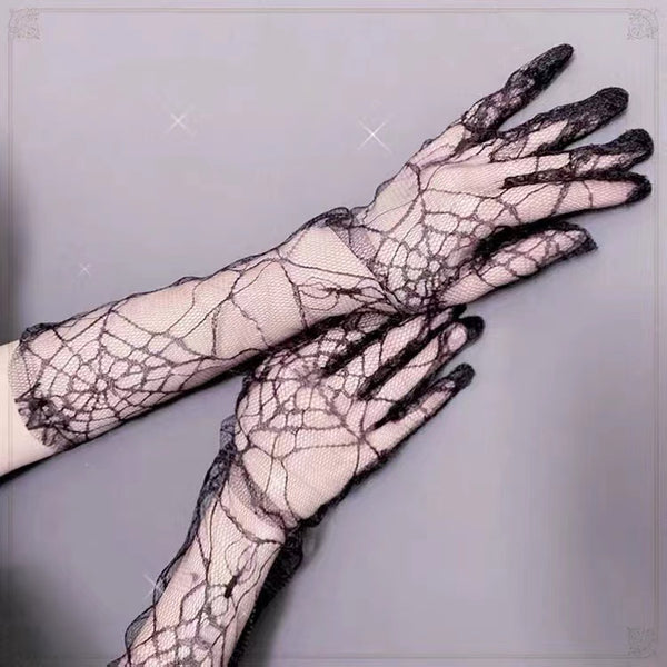 Goth Style Spider Web Black Lace See Through Gloves