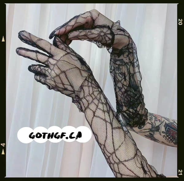 Goth Style Spider Web Black Lace See Through Gloves