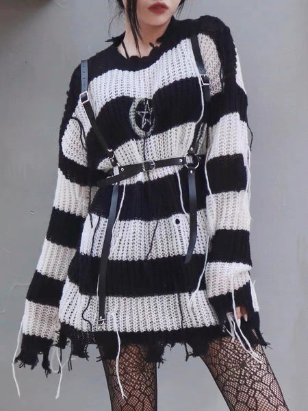 Distressed Black and White Stripe Sweater