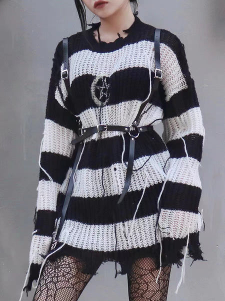 Distressed Black and White Stripe Sweater