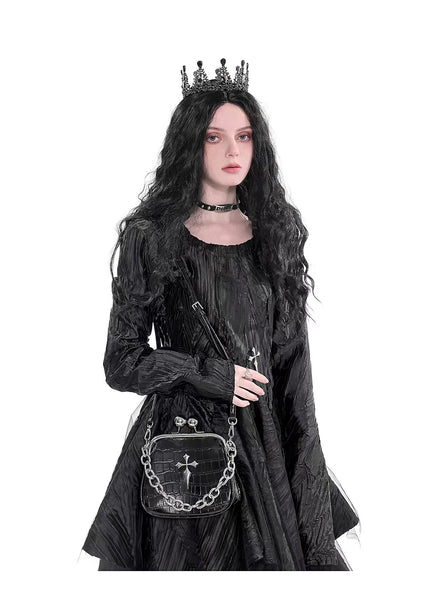 Goth Princessy Black and Metallic Grey Long Sleeve Chiffon Fit and Flare Dress