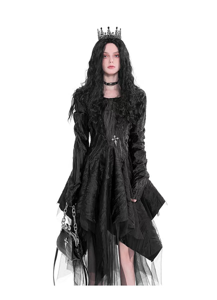 Goth Princessy Black and Metallic Grey Long Sleeve Chiffon Fit and Flare Dress