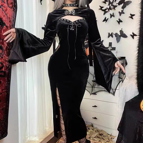 Halloween Witch Black Velvet Bell Sleeve Maxi Fitted Dress
