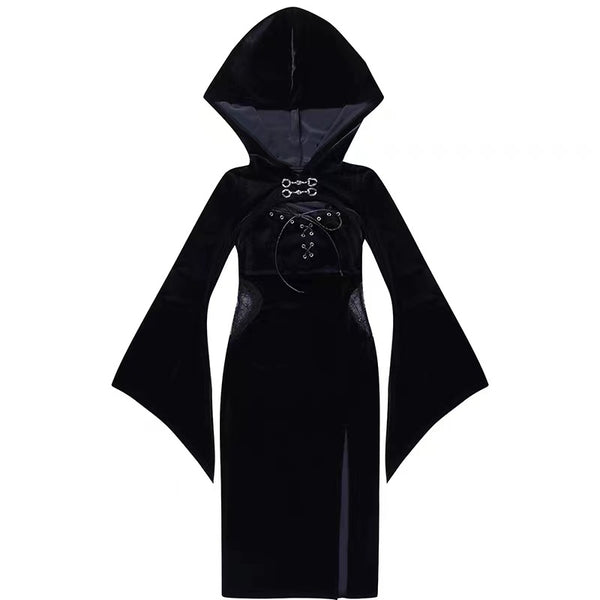 Halloween Witch Black Velvet Bell Sleeve Maxi Fitted Dress