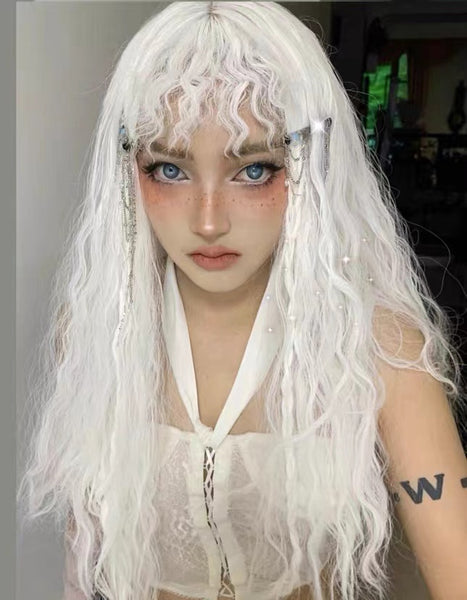 Goth Aesthetic Platinum White Type 2C Curly Long Hair Wig