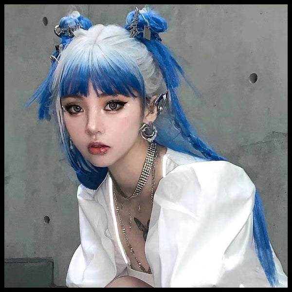 Pastel Y2K Platinum White and Blue Gradient Long Hair Wig with Bangs