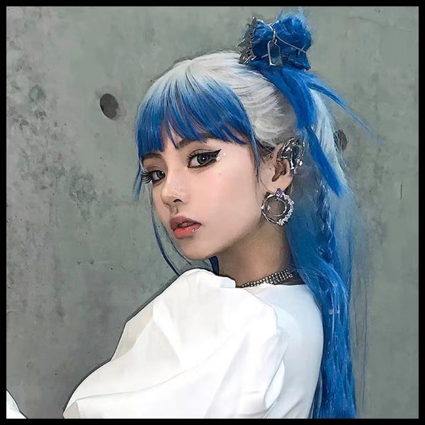 Pastel Y2K Platinum White and Blue Gradient Long Hair Wig with Bangs