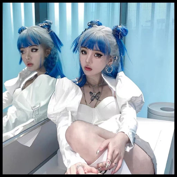 Pastel Y2K Platinum White and Blue Gradient Long Hair Wig with Bangs