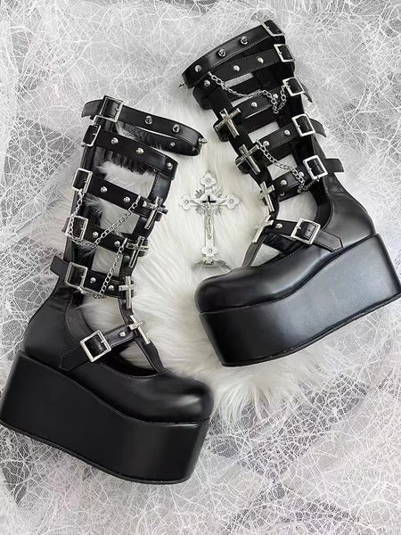 Black and White Goth Cross Detailed Knee High Platform Gladiator Mary Jane Boots