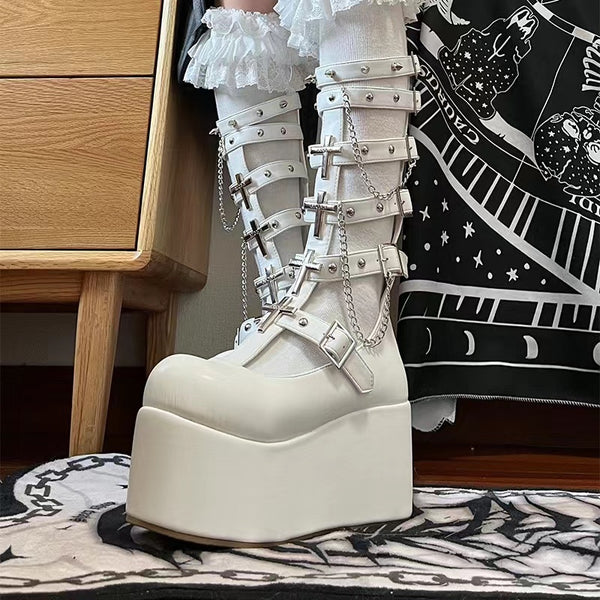 Black and White Goth Cross Detailed Knee High Platform Gladiator Mary Jane Boots