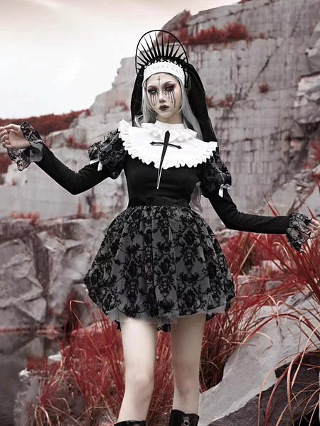 Goth Nun Floral Lace Black Fit and Flare Dress with Puritan Collar