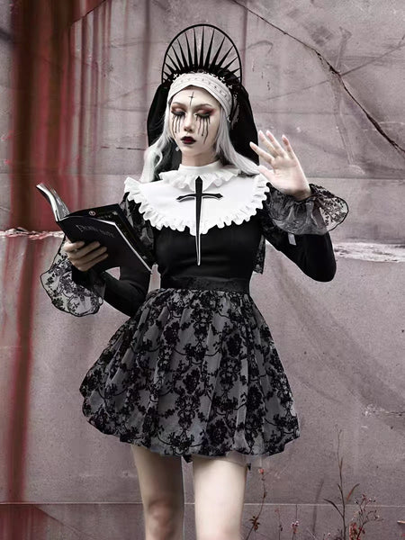 Goth Nun Floral Lace Black Fit and Flare Dress with Puritan Collar