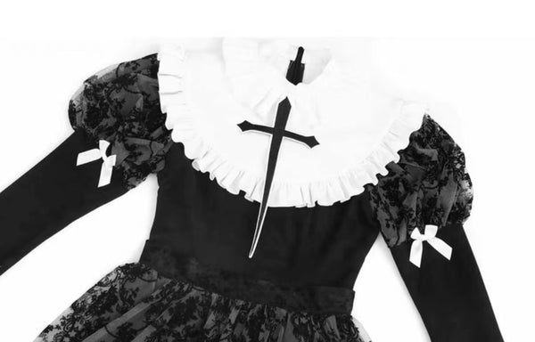 Goth Nun Floral Lace Black Fit and Flare Dress with Puritan Collar