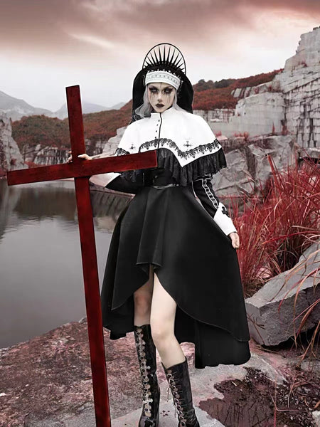 Goth Nun Lace Edge Victorian White Collar Cape