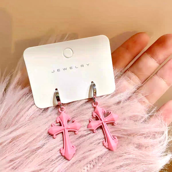 Black and Pink Byzantine Cross Drop Earrings