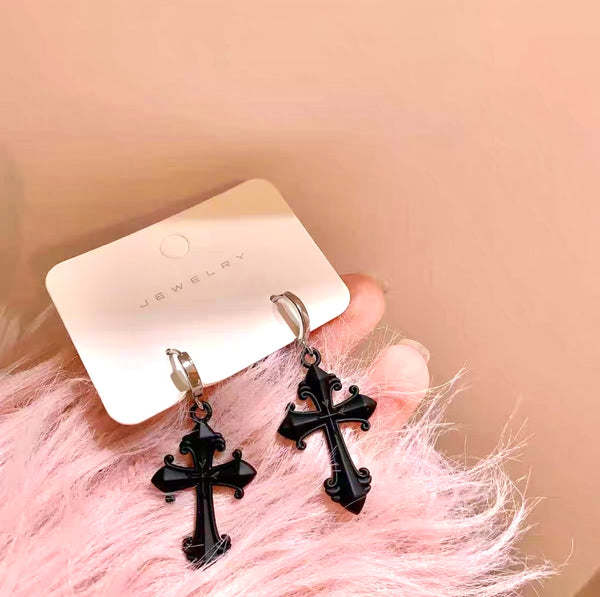 Black and Pink Byzantine Cross Drop Earrings