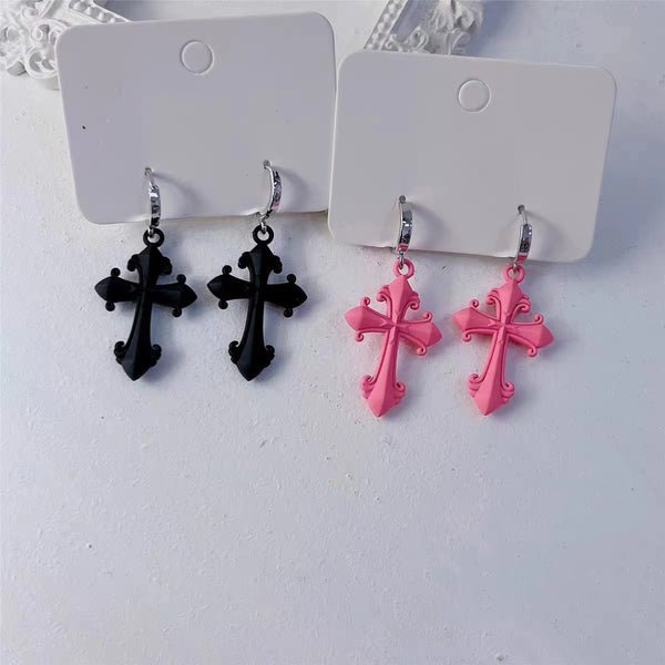 Black and Pink Byzantine Cross Drop Earrings