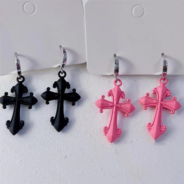 Black and Pink Byzantine Cross Drop Earrings