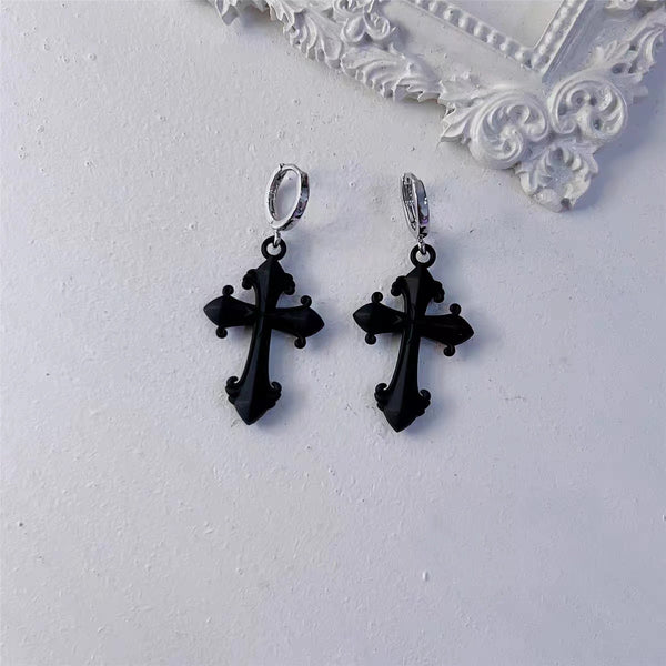 Black and Pink Byzantine Cross Drop Earrings