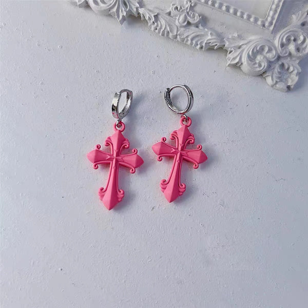 Black and Pink Byzantine Cross Drop Earrings