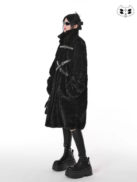 Black Alternative Punk Grunge Plush Long Coat with Belt Closure