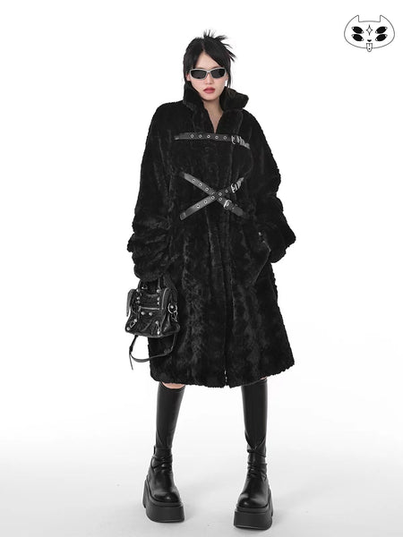 Black Alternative Punk Grunge Plush Long Coat with Belt Closure