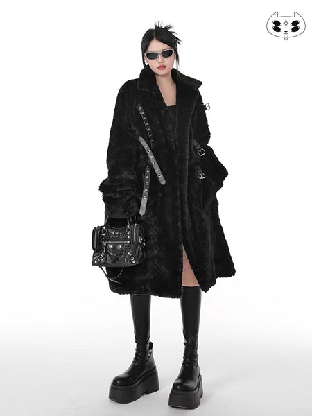 Black Alternative Punk Grunge Plush Long Coat with Belt Closure