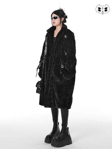 Black Alternative Punk Grunge Plush Long Coat with Belt Closure