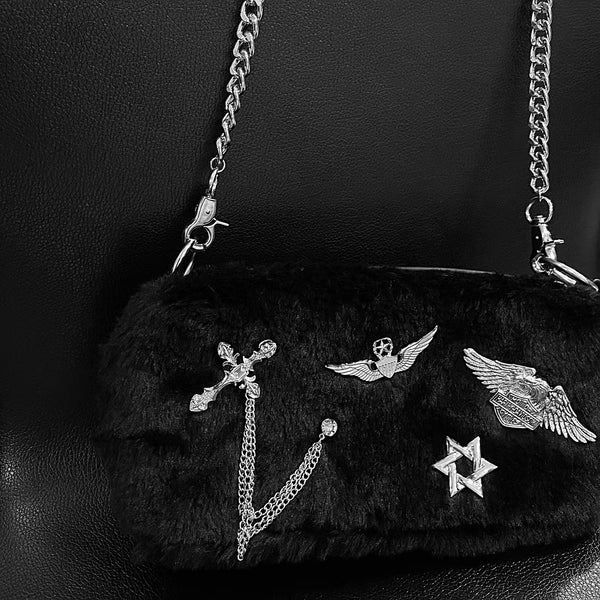Dark Aesthetic Black and White Plush Shoulder Bag/ Purse Baguette with Silver Chain