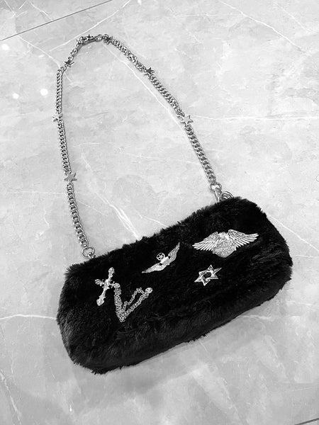 Dark Aesthetic Black and White Plush Shoulder Bag/ Purse Baguette with Silver Chain