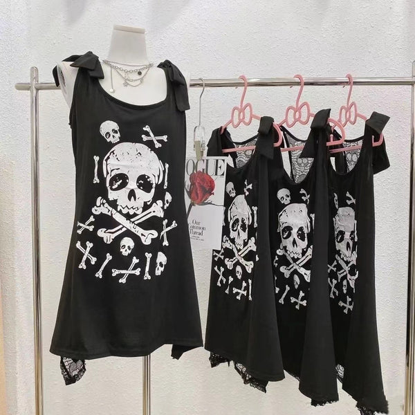 Goth Skeleton Tie Shoulder Long Tank Top