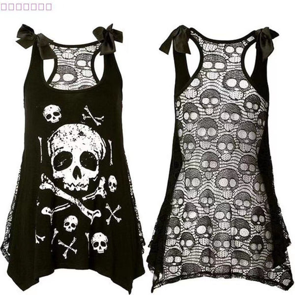 Goth Skeleton Tie Shoulder Long Tank Top