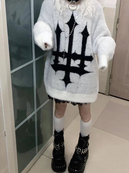 Goth Alternative Pink and White Upside Down Cross Oversized Sweater