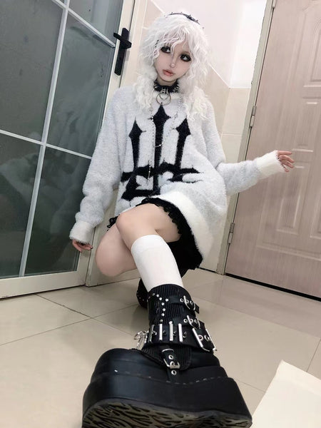 Goth Alternative Pink and White Upside Down Cross Oversized Sweater