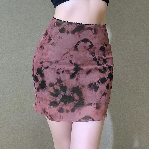 Y2K Goth Marsala Red Tie-dye Body-con Mesh Skirt