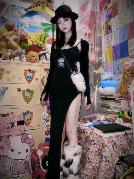 Y2K Kawaii Goth Skeleton Split Thigh Long Black Dress