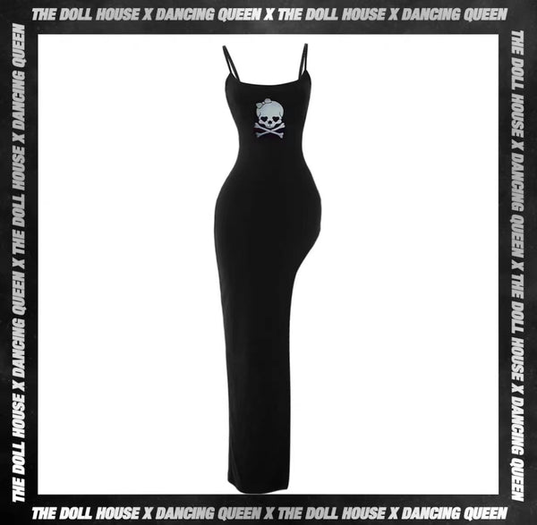 Y2K Kawaii Goth Skeleton Split Thigh Long Black Dress