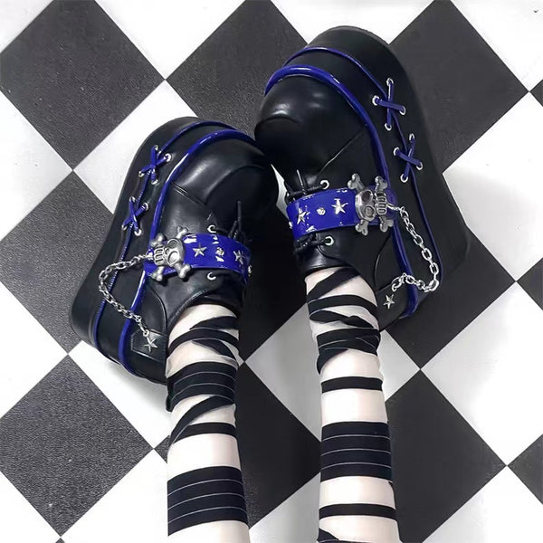 Goth Black White Blue Skeleton Platform Mary Jane Shoes