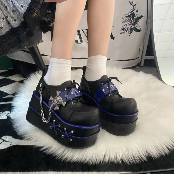 Goth Black White Blue Skeleton Platform Mary Jane Shoes