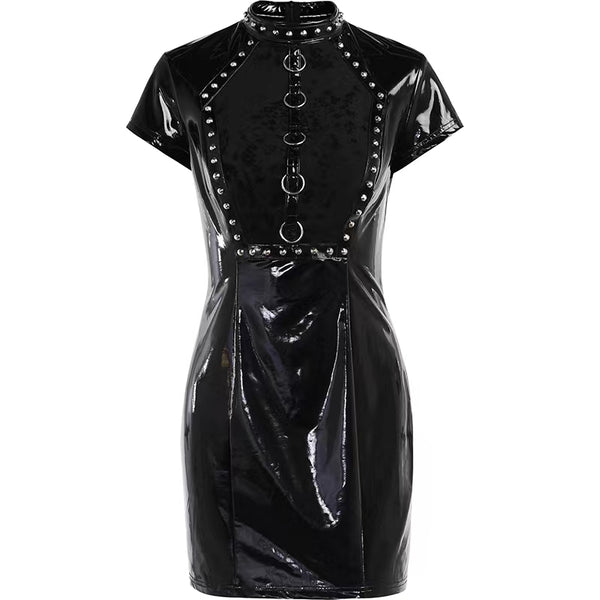 Goth Patent Leather Studded Short Sleeve Body-con Dress