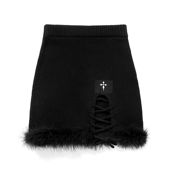 Alternative Goth Shoulder Tie Top and Feather Edge Tie Corner Skirt 2 PCs Set Black and Cream