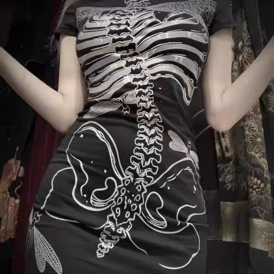 Goth Dark Aesthetic Alternative Black Short Sleeve Rib Cage Body-con Dress