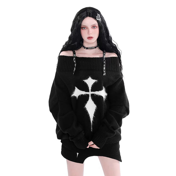 Kawaii Goth Black and White Studded Shoulder Strap Off the Shoulder Oversized Sweater