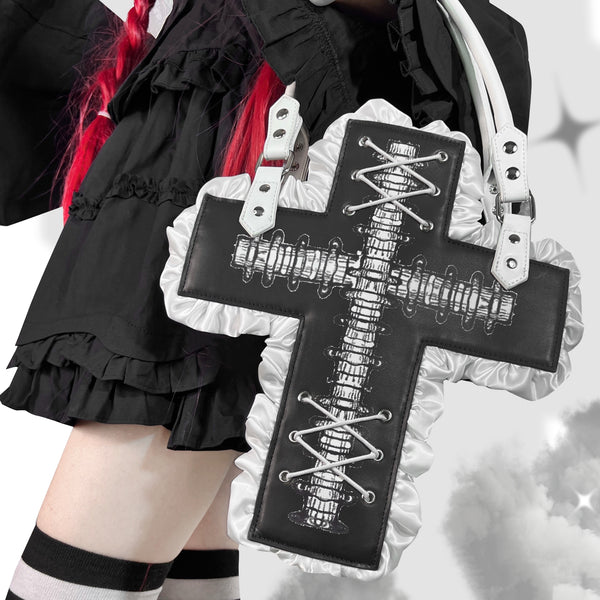 Goth Lolita Cross Shaped Ruffle Edge Tote Bag in Black Pink White
