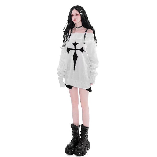 Kawaii Goth Black and White Studded Shoulder Strap Off the Shoulder Oversized Sweater