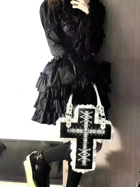 Goth Lolita Cross Shaped Ruffle Edge Tote Bag in Black Pink White