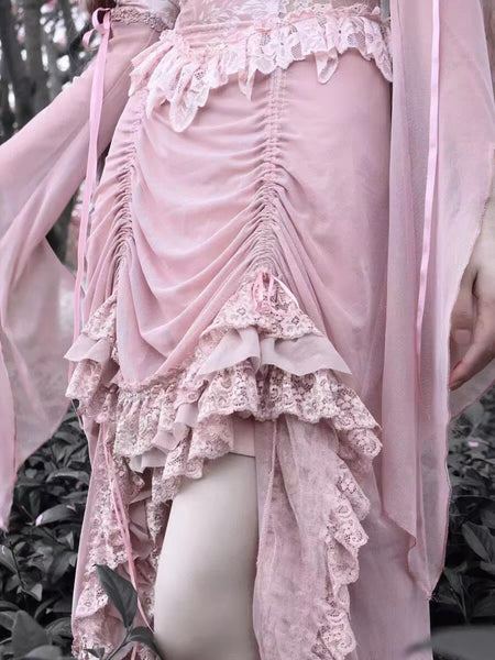 Pastel Goth Sakura Pink Lace Edge High-Low Cami Dress with Detached Sleeves 【Shrug Not Included】