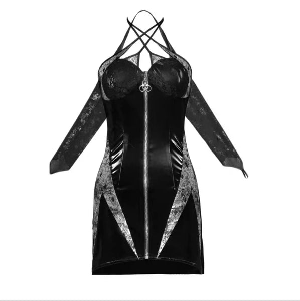 Goth Dark Aesthetic Zip Front Halter Body-con Dress, Slip-on Sleeves and bolero shrug