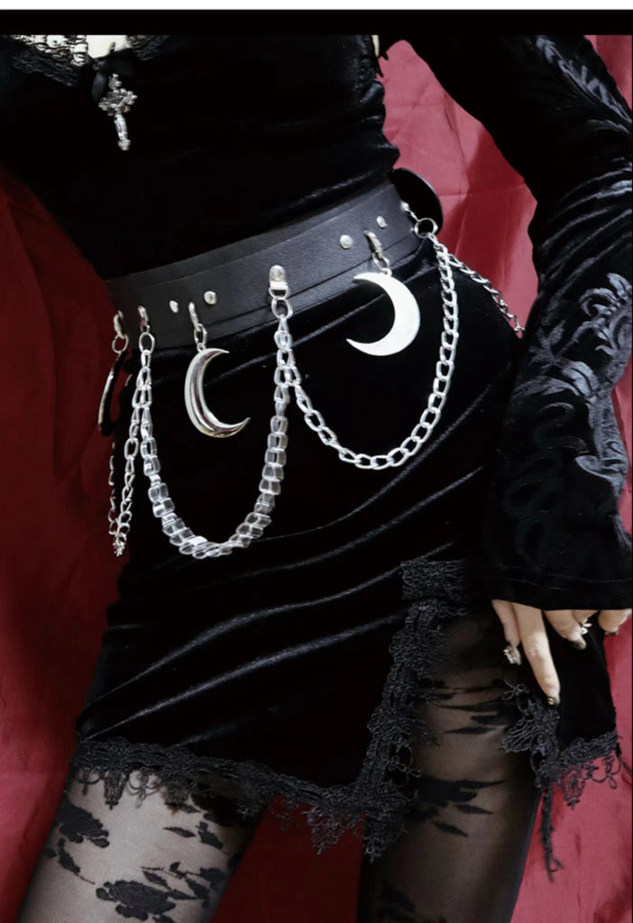 Goth PU Leather Waist Belt with Moon Charm